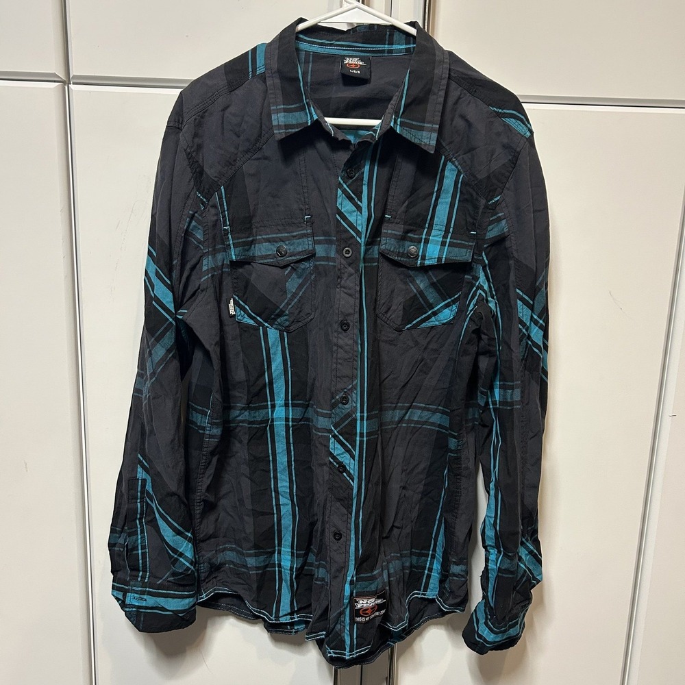 No Fear Mens Large Long Sleeve Plaid Button Down Shirt Black Teal Blue Y2K Shirt